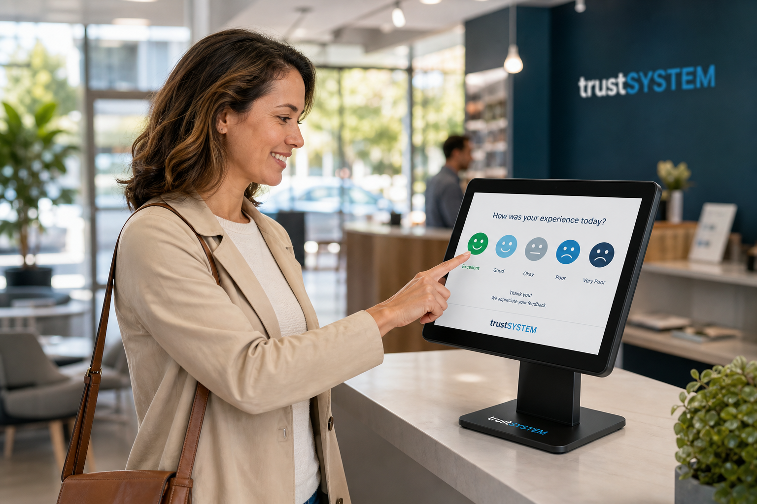Customer leaving point-of-experience feedback on a trustSYSTEM tablet kiosk